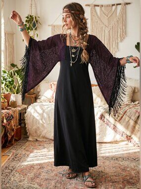 Miss K vintage California, Hawaii Black Maxi boho Dress with Fringe Bell Sleeves